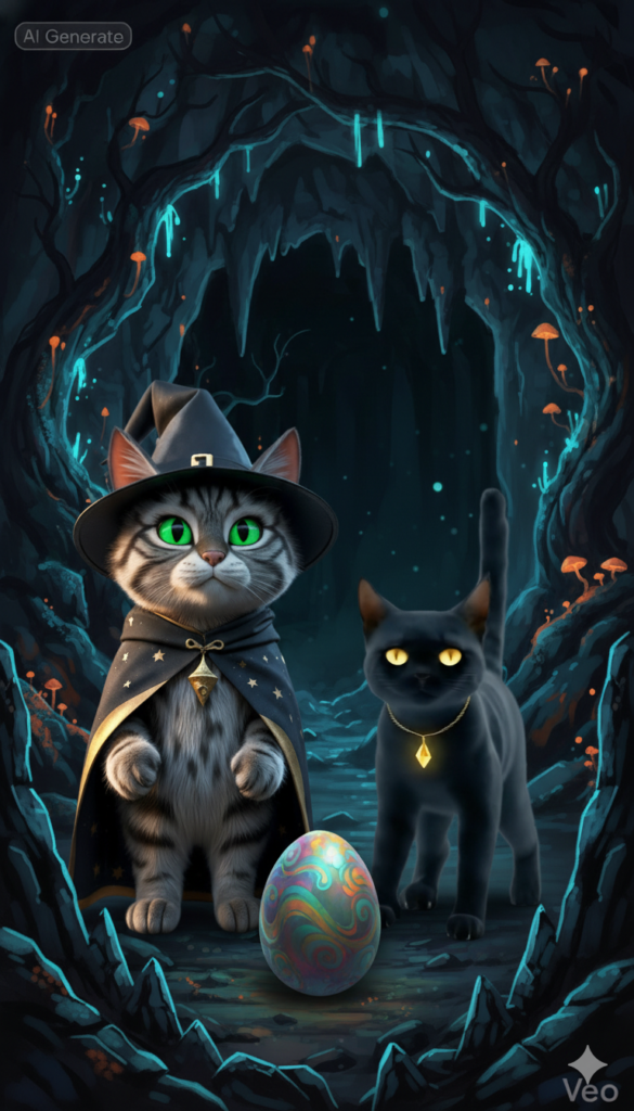 Pops and Dobbs in a glowing teal cave with a shimmering egg