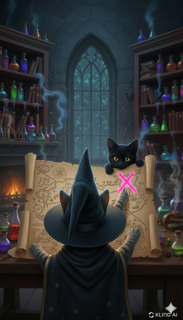A wizard's study with potion shelves, a scroll map and a pink X marking the spot