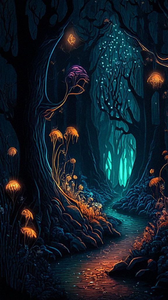 A winding forest path lined with glowing orange mushrooms under teal trees