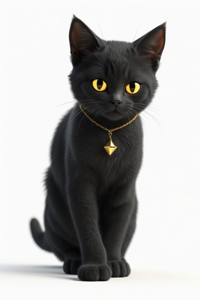 Dobbs, a small solid-black kitten with yellow eyes and a gold pendant, sitting calmly