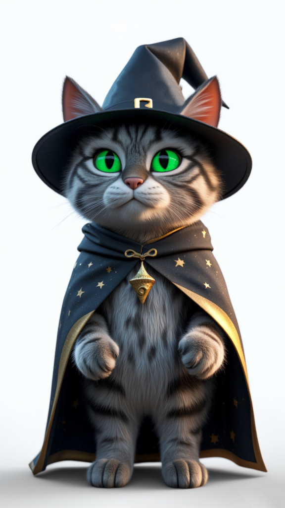 Pops, a gray-brown tabby cat in a starry wizard cloak and hat, standing on his hind legs
