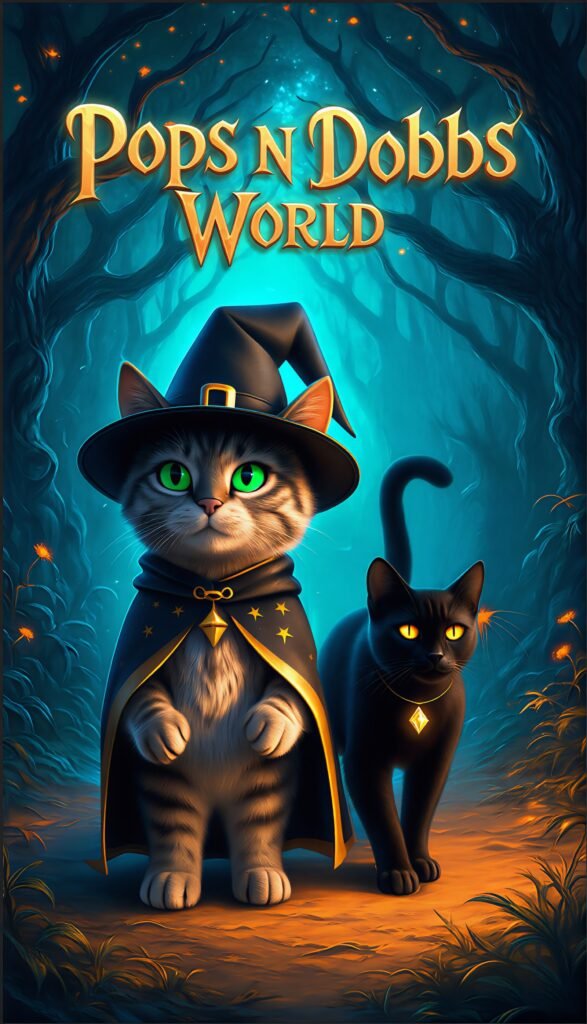 Pops the gray tabby wizard cat and Dobbs the black kitten standing together in a glowing teal forest