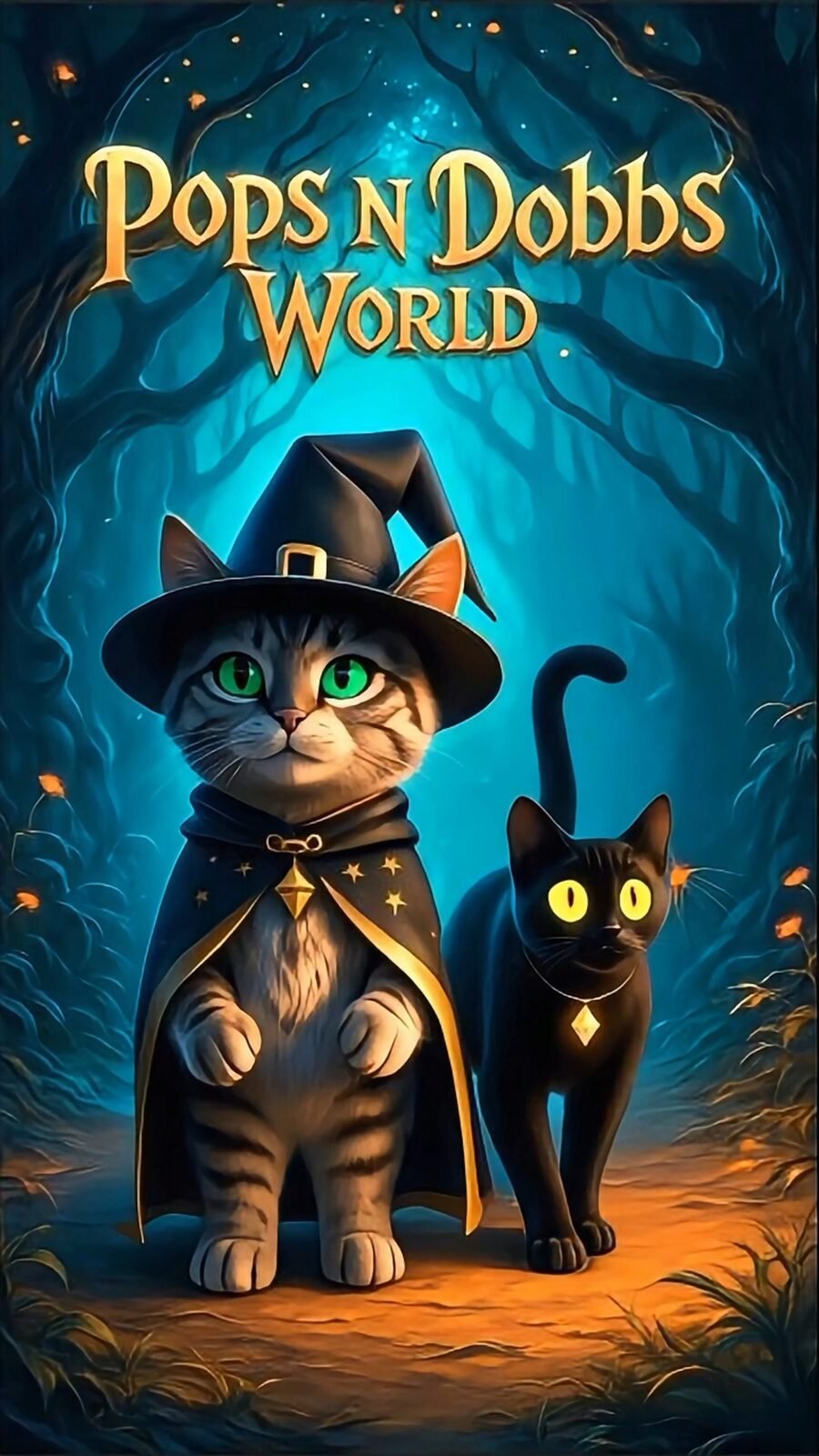 Pops the gray tabby wizard cat and Dobbs the black kitten standing together in a glowing teal forest